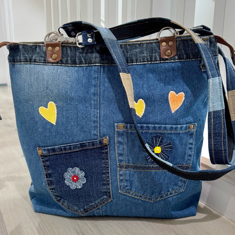 Handmade Upcycled Denim Tote Bag – Dragonfly & Patchwork Design - Picture 6 of 16